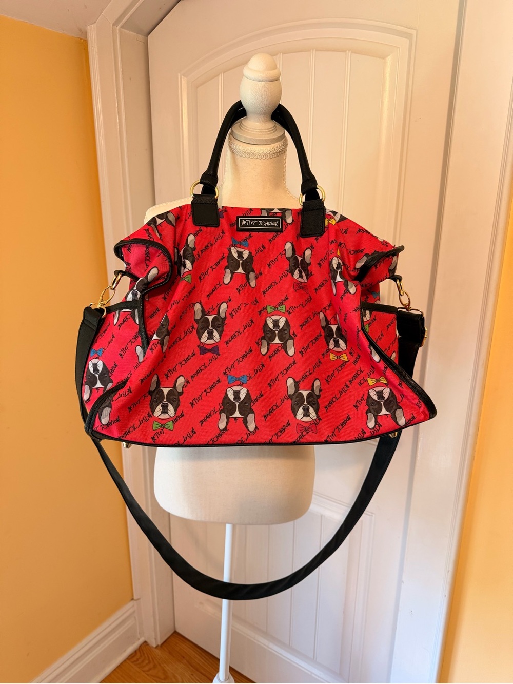 Betsey Johnson Red French Bulldog Print Tote with Black Trim